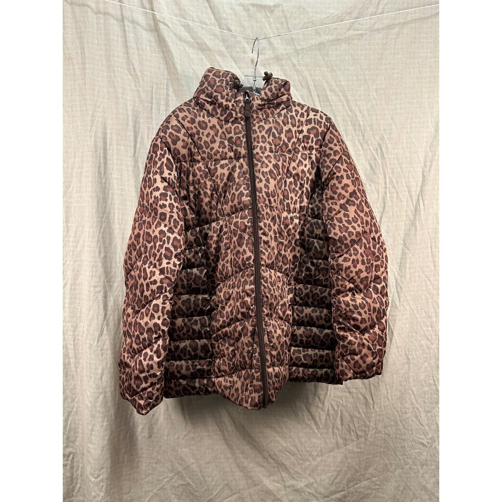 Leopard Print Faded Glory Puffer Jacket Brown Lined Zip Up Coat Size XL #2108